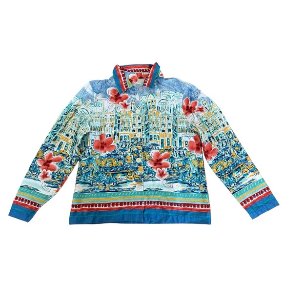 Italian Summer Amalfi Coast Print Artsy Overshirt Jacket Top M Coldwater Creek - Picture 2 of 12